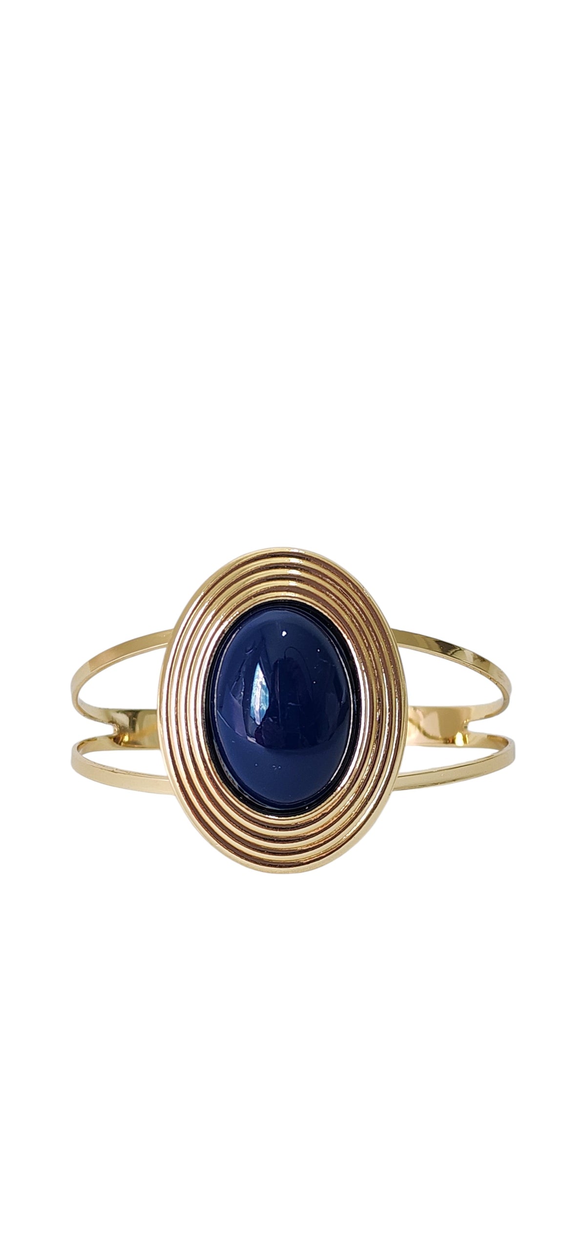 Bracelete Dourado Aberto com Medalhão Oval e Resina Azul
