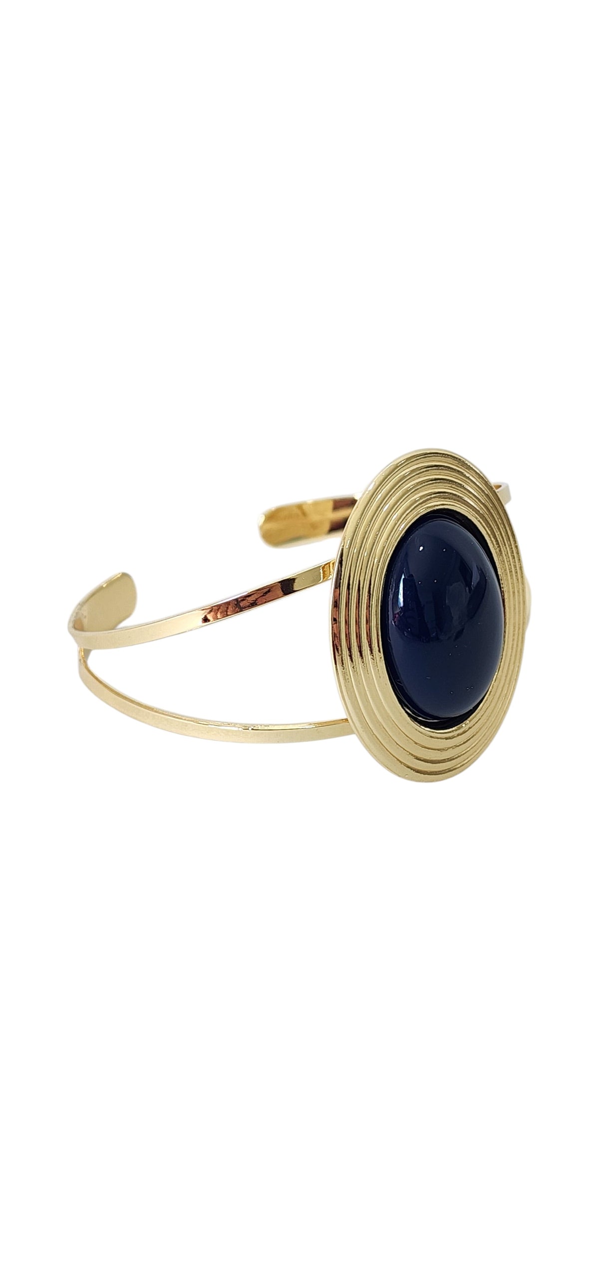 Bracelete Dourado Aberto com Medalhão Oval e Resina Azul