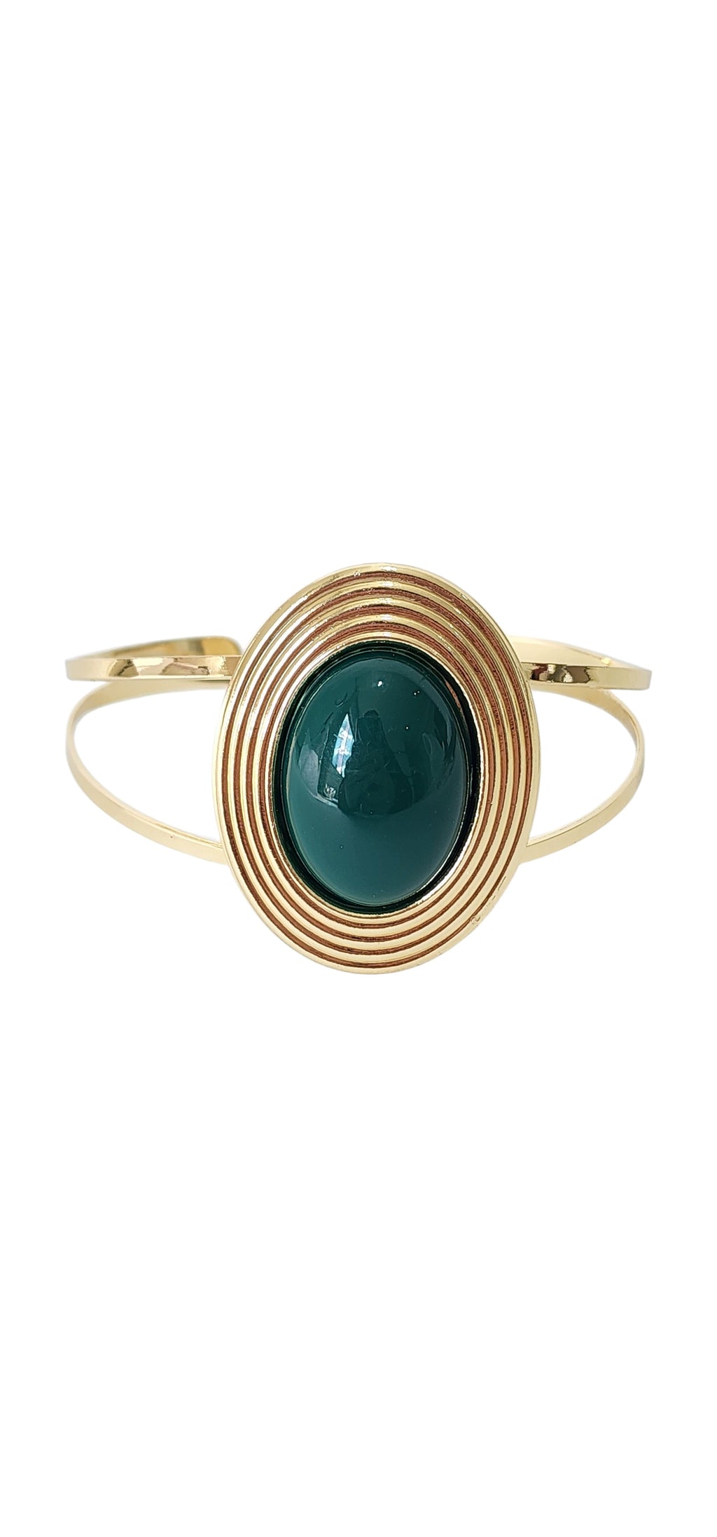 Bracelete Dourado Aberto com Medalhão Oval e Resina Verde Escura