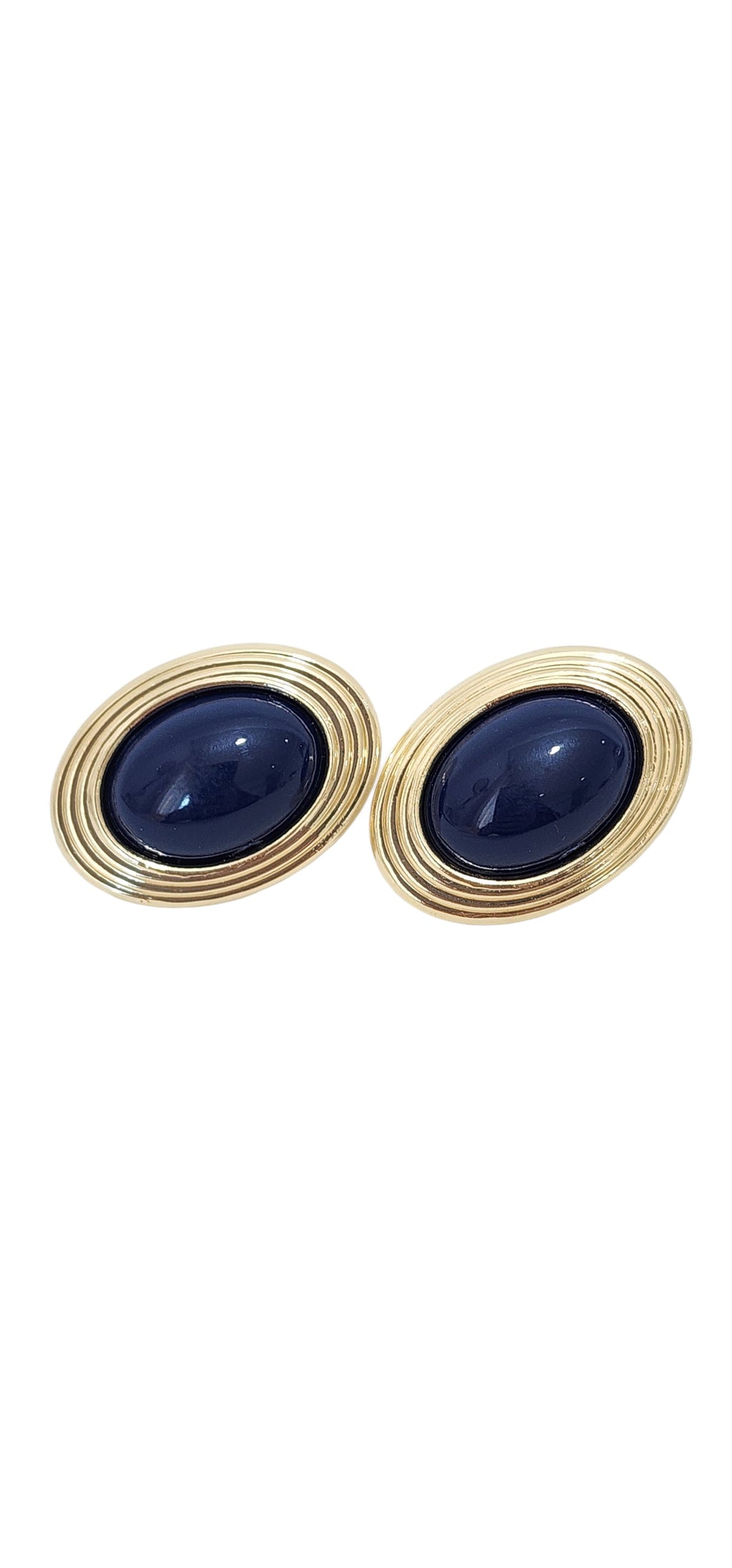 Brincos Ovais Dourados com Resina Azul Marinho