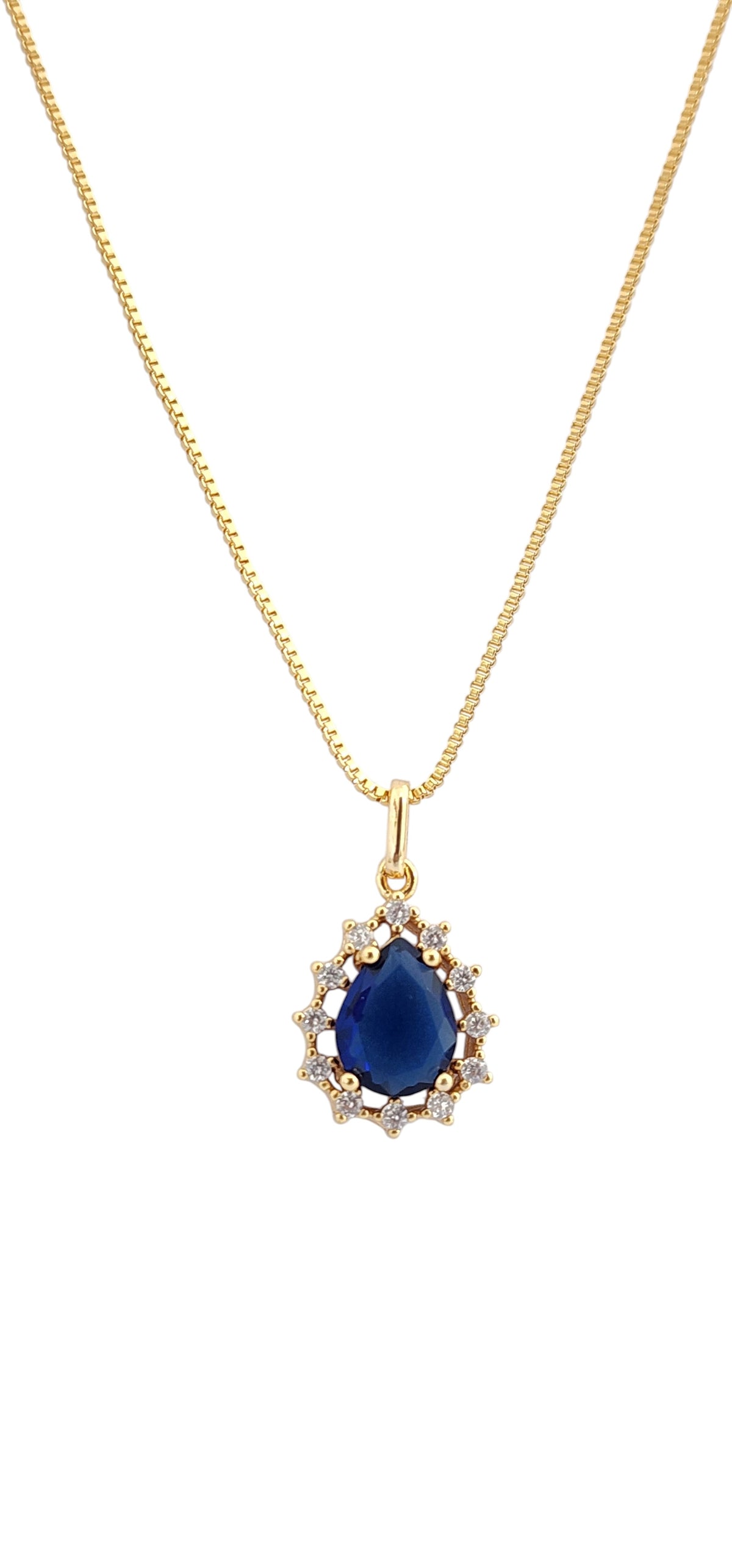 Colar Dourado com Pingente Gota em Zircônia Azul e Halo Cravejado