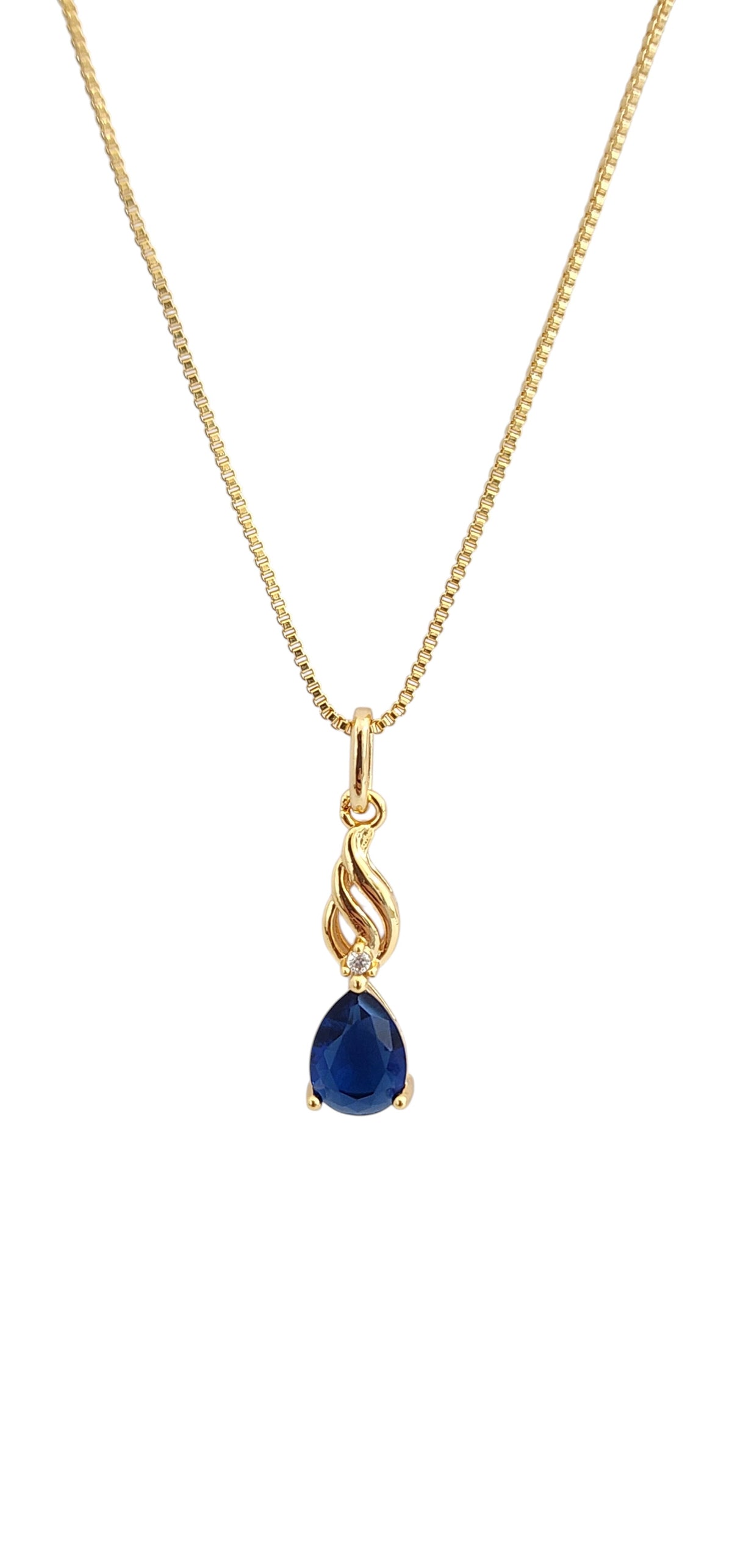 Colar Dourado com Pingente Gota em Zircônia Azul