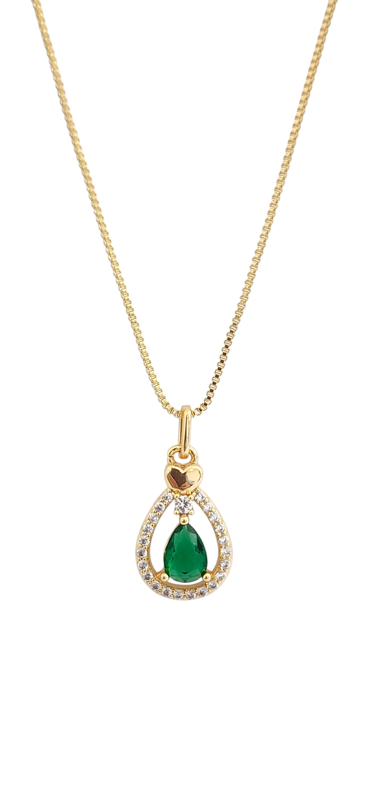 Colar Dourado com Pingente Gota Verde e Zircônias Cristais