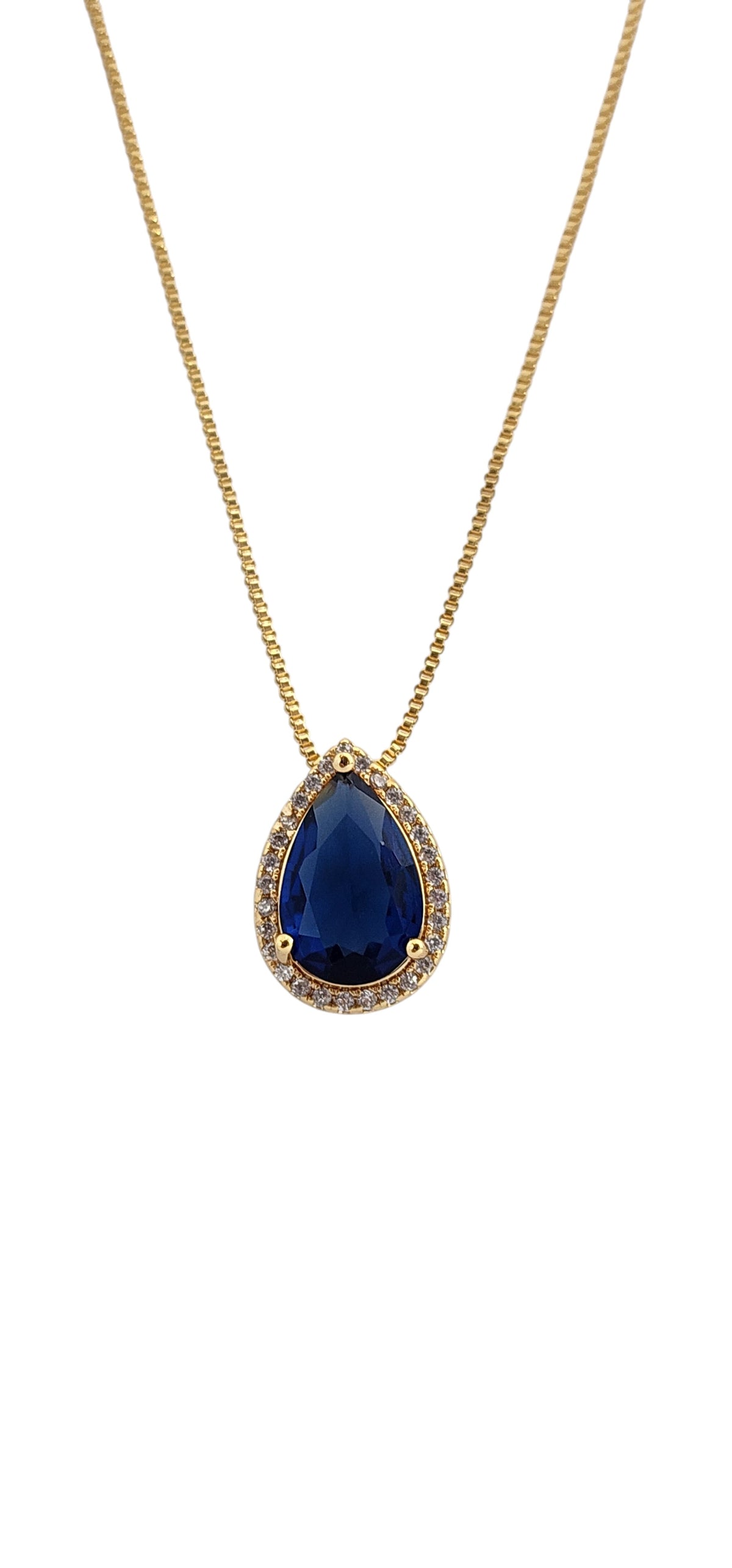 Colar Dourado com Pingente Gota Azul e Zircônias Cristais