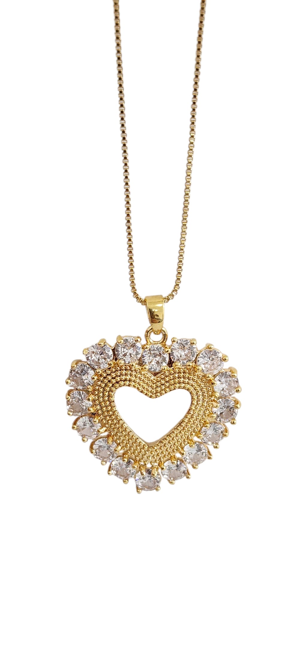 Colar Dourado com Pingente de Coração e Zircônias Transparentes