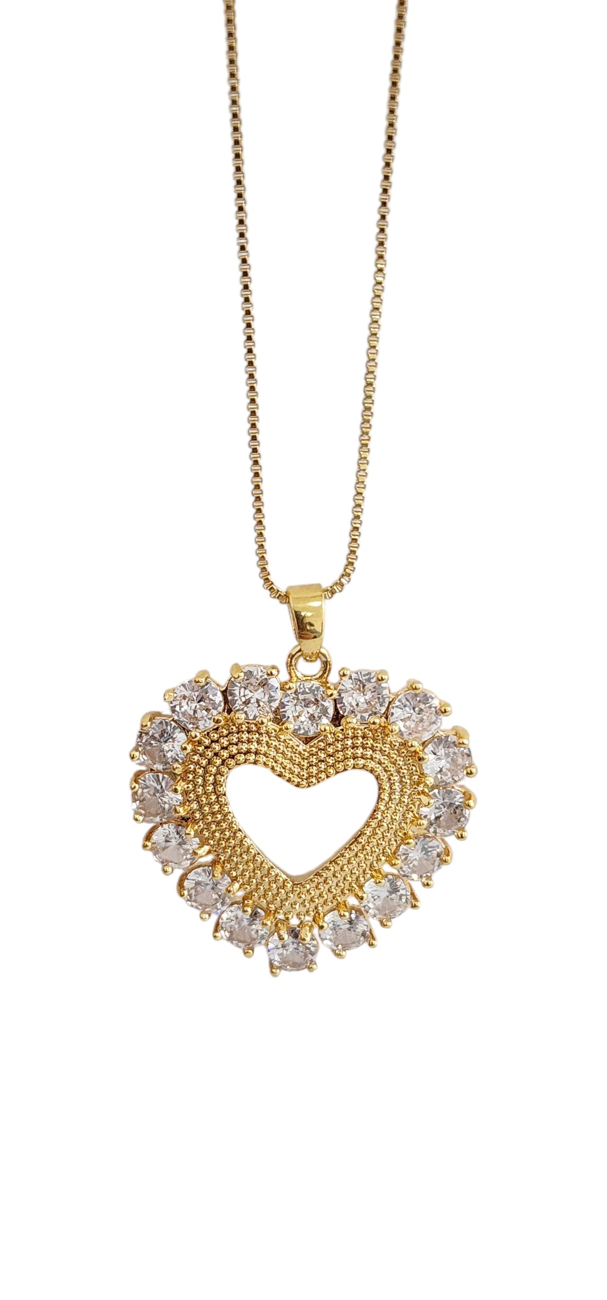 Colar Dourado com Pingente de Coração e Zircônias Transparentes