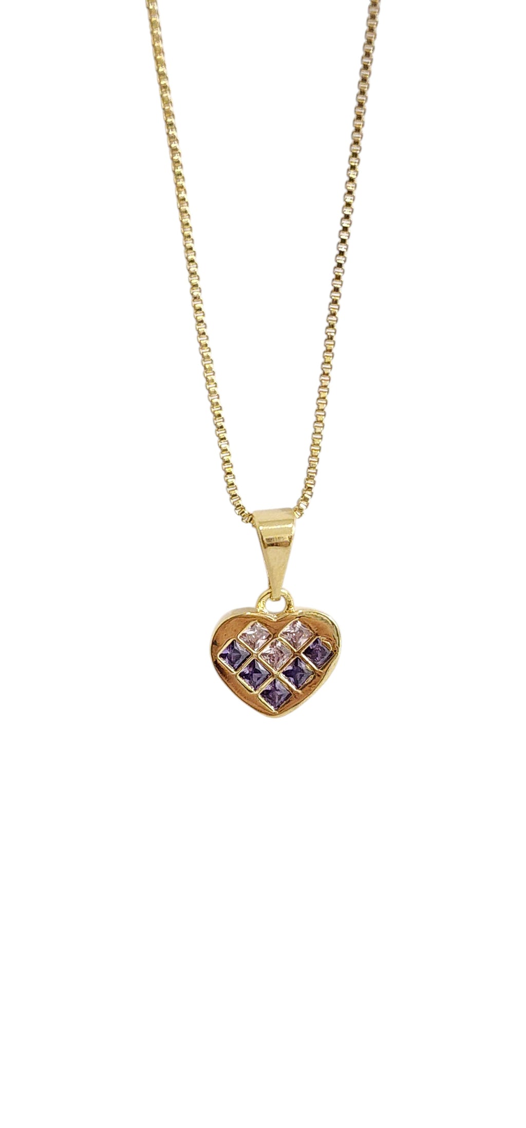 Colar Dourado com Pingente de Coração e Zircônias Lilás
