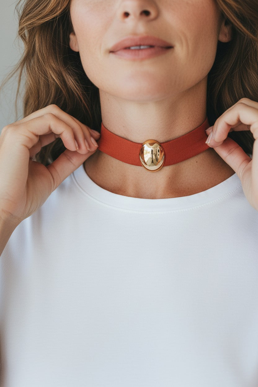 Choker em Tecido Terracota com Passador Dourado